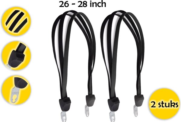 Discountershop Snelbinder spinbinder Fiets 2 stuks : Robuuste Bagagespin voor 26 en 28 inch Wielen met 3 Elastieken, Handige Hak en Elegant Zwart Design