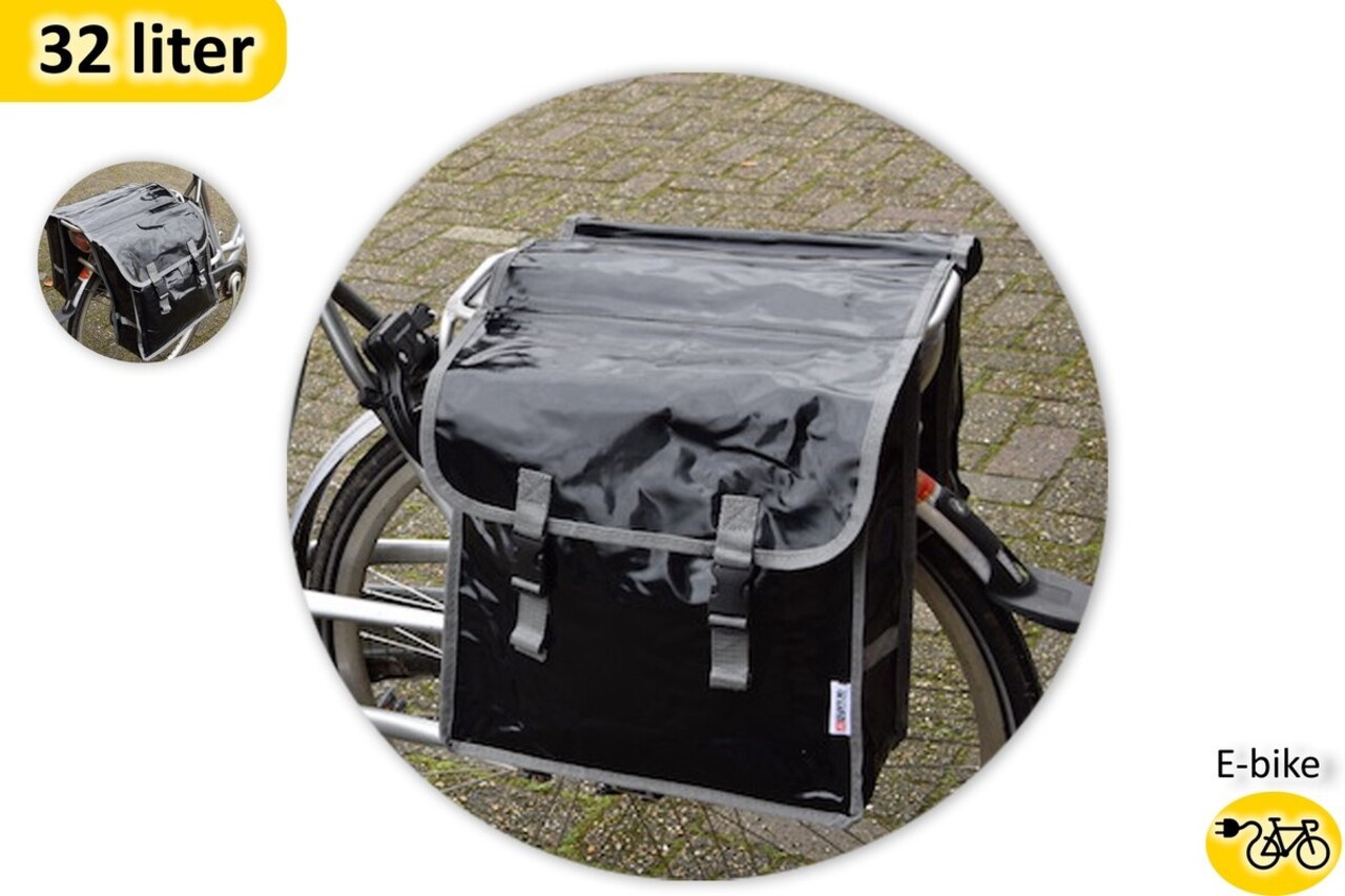 Merkloos Dubbele fietstas stijlvolle Waterdichte Dubbele Fietstas Deluxe - 32 liter geschikt voor E-bike, Donkergrijze Banden, Bisonyl, Afmetingen: 34.5 x 13.5 x 33.5 cm