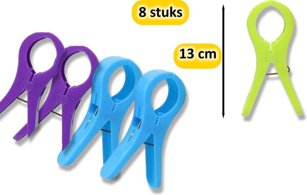 Merkloos Handige Set van 8 Grote Plastic Badlaken Knijpers - Strandlakenknijpers - Badhanddoekknijpers - Zwembadstoelknijpers - XXL Knijpers (13 cm) - Sterke Grip voor je Strand- en Zwembadavonturen!