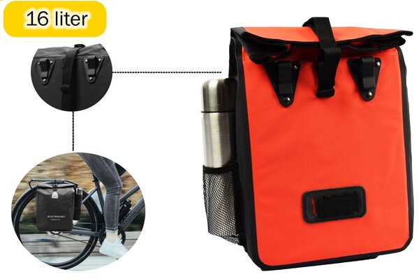 Merkloos Single bicycle bag 16 liter bicycle bag with a capacity of 16 liters dimensions 27x 14 x 49cm - Note bicycle bag single 16 liters