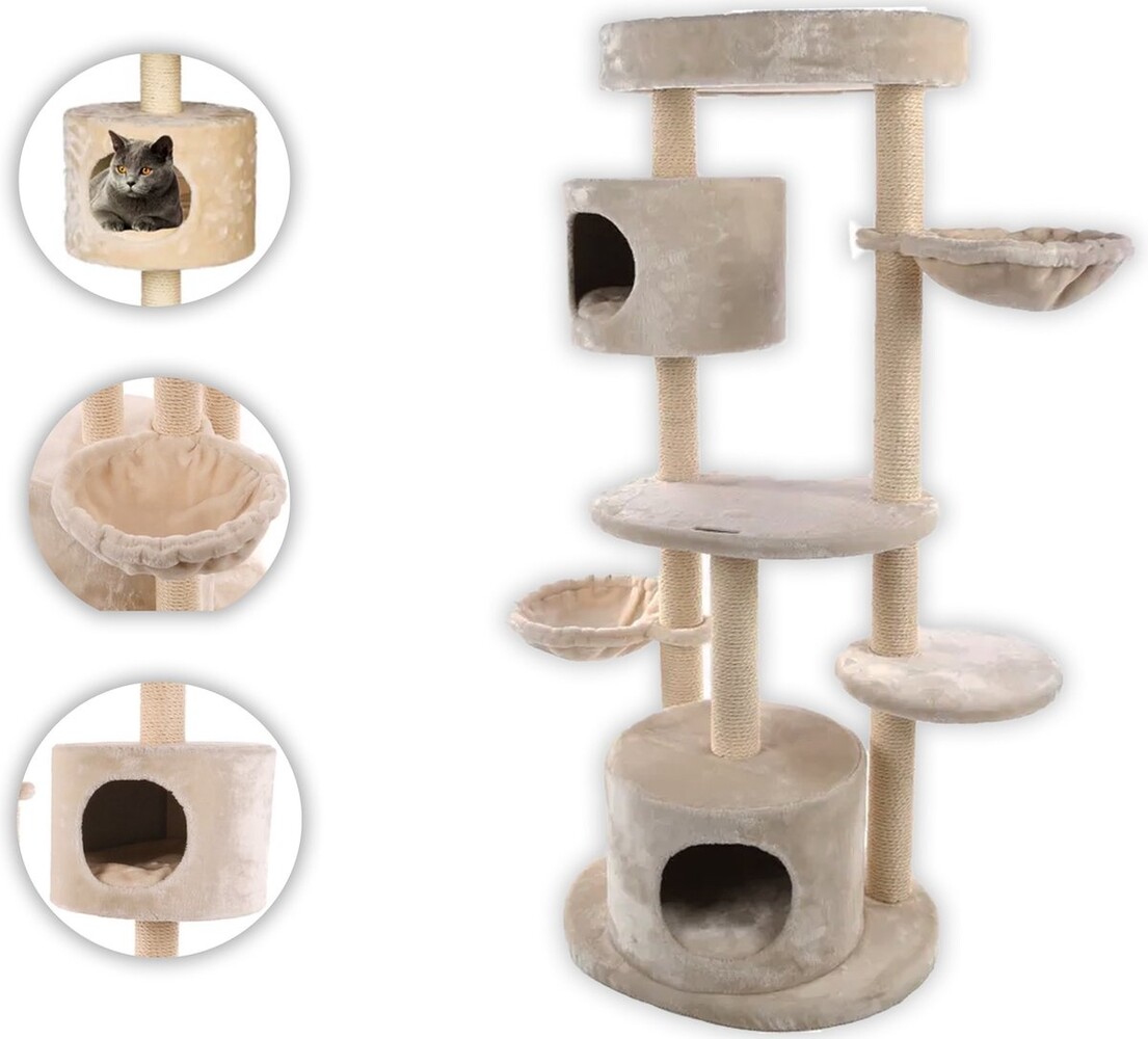 Merkloos Scratching Post in Beige & White with Luxury Soft Plush, Sisal Scratching Rope and Removable Cushions - Stylish Scratching Post in Beige & White: Soft Plush, Sisal Scratching Rope, and Comfortable Hiding Places Merkloos Scratching Post in Beige & White with Luxury Soft Plush, Sisal Scratching Rope and Removable Cushions - Stylish Scratching Post in Beige & White: Soft Plush, Sisal Scratching Rope, and Comfortable Hiding Places