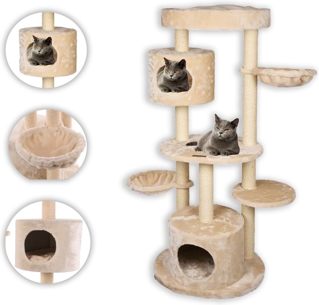 Merkloos Scratching Post in Beige & White with Luxury Soft Plush, Sisal Scratching Rope and Removable Cushions - Stylish Scratching Post in Beige & White: Soft Plush, Sisal Scratching Rope, and Comfortable Hiding Places Merkloos Scratching Post in Beige & White with Luxury Soft Plush, Sisal Scratching Rope and Removable Cushions - Stylish Scratching Post in Beige & White: Soft Plush, Sisal Scratching Rope, and Comfortable Hiding Places