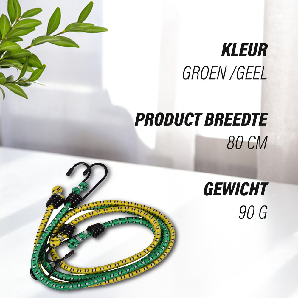 Discountershop Duurzame Elastische Spinbinder Fiets - Multikleurige Bagagebinder van 80 cm met 2 Haken - 1cmx5 cm Discountershop Duurzame Elastische Spinbinder Fiets - Multikleurige Bagagebinder van 80 cm met 2 Haken - 1cmx5 cm