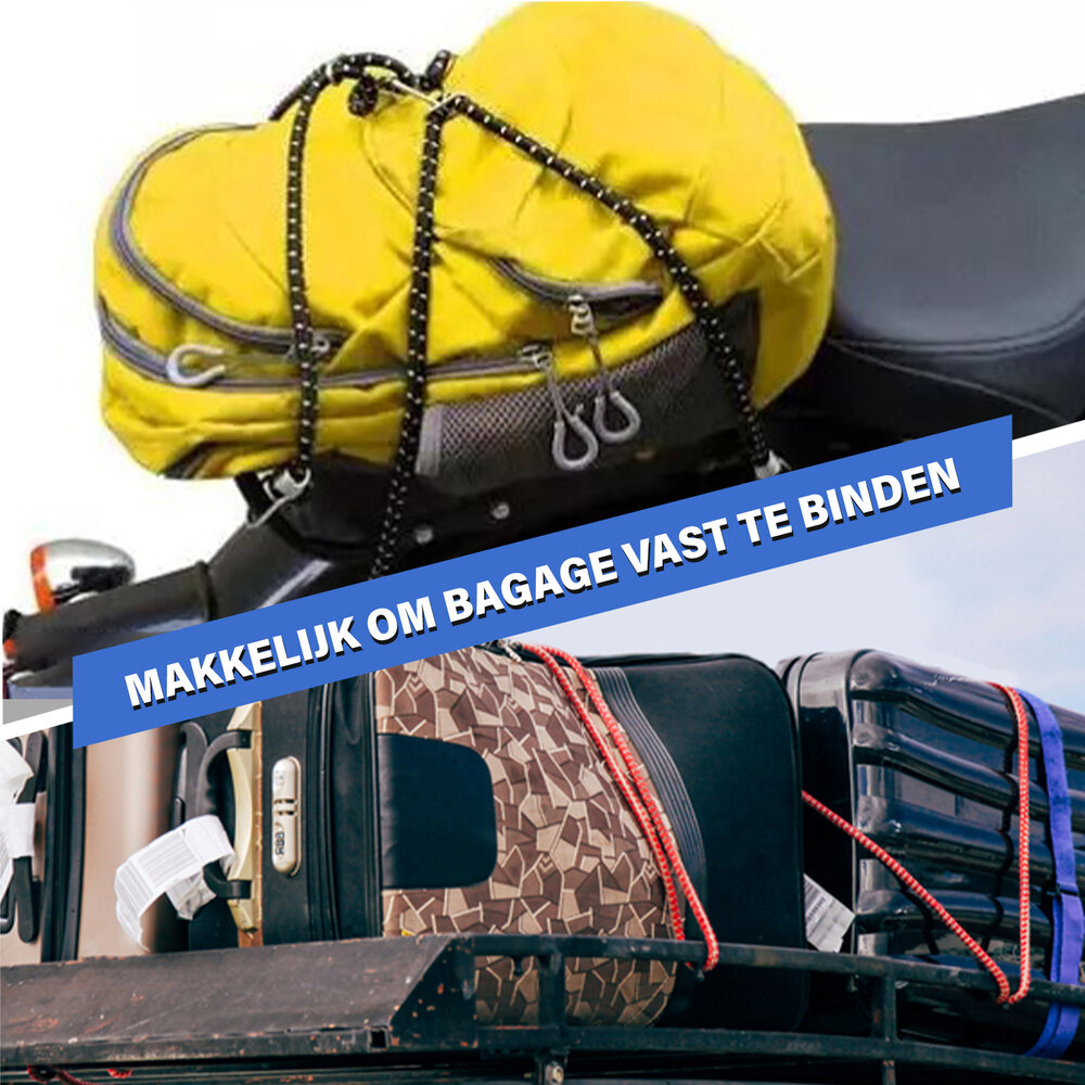 Discountershop Duurzame Elastische Spinbinder Fiets - Multikleurige Bagagebinder van 80 cm met 2 Haken - 1cmx5 cm Discountershop Duurzame Elastische Spinbinder Fiets - Multikleurige Bagagebinder van 80 cm met 2 Haken - 1cmx5 cm