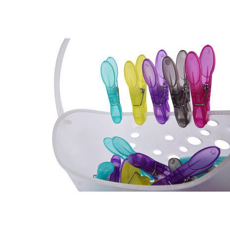 Discountershop Kleurrijke Wasknijpers Set met Houder - Multicolor - Kunststof - 13.5cm x 13.5cm x 22cm