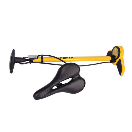 Discountershop Krachtgevende Fiets Voetpomp met Drukmeter - 72cmx25cm - Geel Staal - 11 Bar - Perfecte Bandenspanning Discountershop Krachtgevende Fiets Voetpomp met Drukmeter - 72cmx25cm - Geel Staal - 11 Bar - Perfecte Bandenspanning