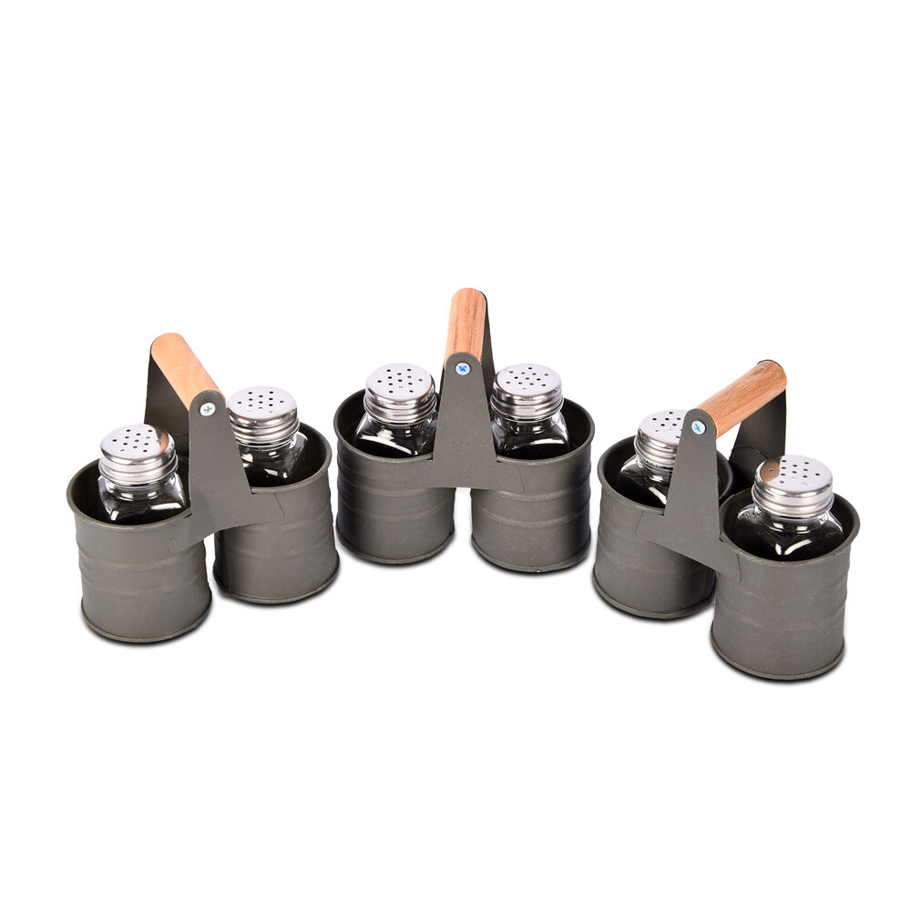 Discountershop 3-delige Donkergrijze Peper en Zoutmolen Set met 6 Strooiers - Handmatige Keukenmolens - 14cm x 13cm Discountershop 3-delige Donkergrijze Peper en Zoutmolen Set met 6 Strooiers - Handmatige Keukenmolens - 14cm x 13cm