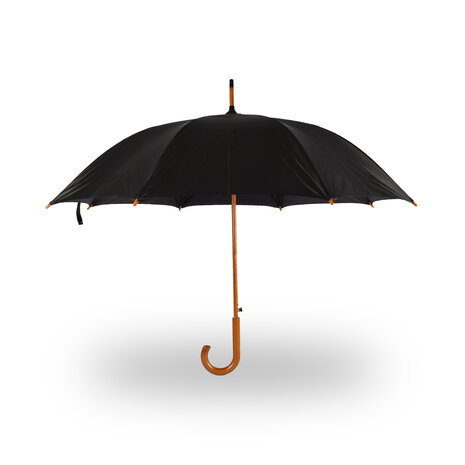 Discountershop Paraplu met J houten haak handvat – Grote Zwarte Paraplu 98 cm, Windbestendige Stevige Paraplu voor Dames en Heren