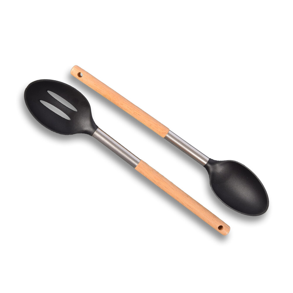 Alpina Duurzame Bruine en Zwarte Opscheplepel | 34 cm Lengte | Houten Handvat | Sterke Plastic met Antiaanbaklaag | Dagelijks Gebruik Opscheplepel Keukengerei voor Soep Rijst Buffet