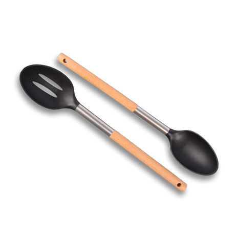 Alpina Duurzame Bruine en Zwarte Opscheplepel | 34 cm Lengte | Houten Handvat | Sterke Plastic met Antiaanbaklaag | Dagelijks Gebruik Opscheplepel Keukengerei voor Soep Rijst Buffet