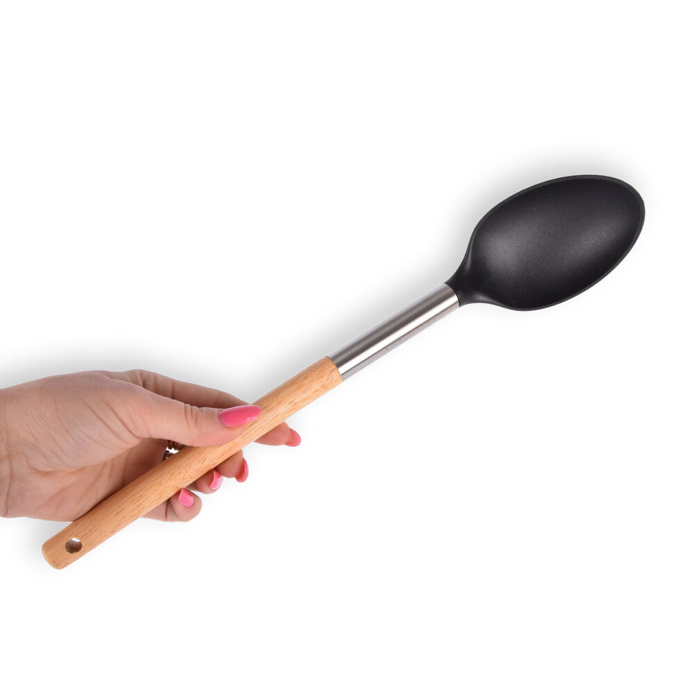 Alpina Duurzame Bruine en Zwarte Opscheplepel | 34 cm Lengte | Houten Handvat | Sterke Plastic met Antiaanbaklaag | Dagelijks Gebruik Opscheplepel Keukengerei voor Soep Rijst Buffet