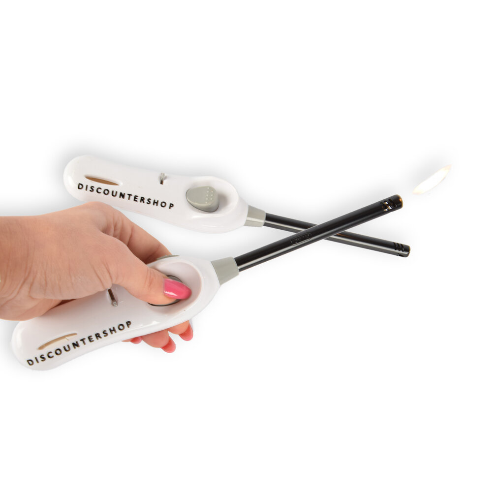 Discountershop Trendy Set of 2 White Refillable Barbecue Lighters | Safe Lighter | 26cm x 3.20cm | Made of Durable Metal and Plastic | Perfect for Grill Barbecue & Gas Stove