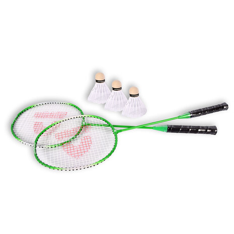Discountershop Badmintonset voor 2 personen – 2 groene speedbadmintonrackets van 65 cm, 3 shuttles en draagtas voor tuin, strand en camping