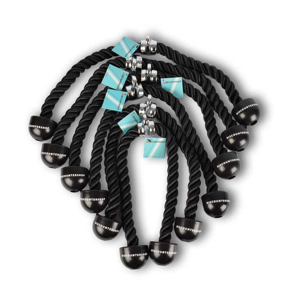 Discountershop 6 stuks | Triceps-touw | zwart | Kabeltouw voor triceps | Trekkoord voor Krachtstation | Tricepskabel | Tricepskoord | Maximale belasting: 200 kg | (lengte/breedte): 5/6,5 cm Discountershop 6 stuks | Triceps-touw | zwart | Kabeltouw voor triceps | Trekkoord voor Krachtstation | Tricepskabel | Tricepskoord | Maximale belasting: 200 kg | (lengte/breedte): 5/6,5 cm