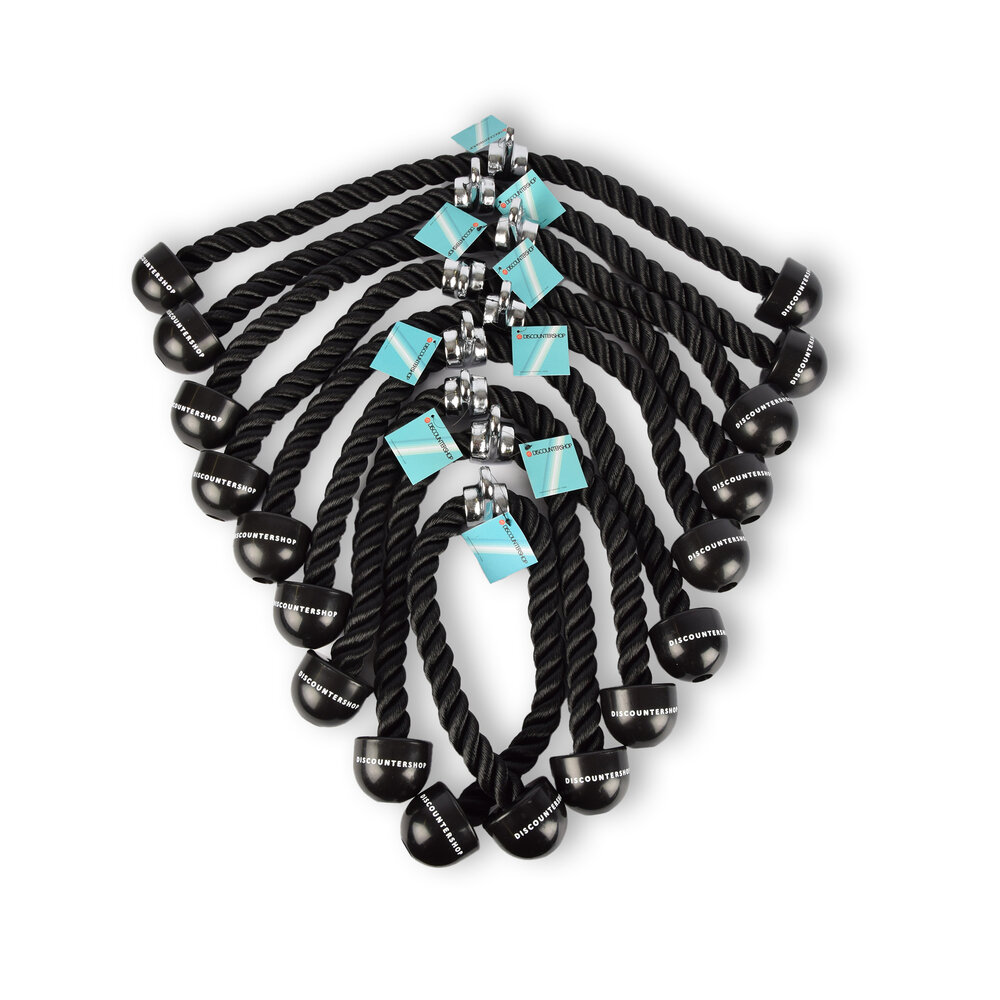 Discountershop 9 stuks | Triceps-touw | zwart | Kabeltouw voor triceps | Trekkoord voor Krachtstation | Tricepskabel | Tricepskoord | Maximale belasting: 200 kg | (lengte/breedte): 5/6,5 cm Discountershop 9 stuks | Triceps-touw | zwart | Kabeltouw voor triceps | Trekkoord voor Krachtstation | Tricepskabel | Tricepskoord | Maximale belasting: 200 kg | (lengte/breedte): 5/6,5 cm