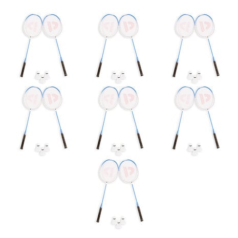 Discountershop Badmintonset voor 14 personen – 7 sets met 14 blauwe bioplastic rackets, 21 shuttles en draaghoezen voor school, camping en groepen