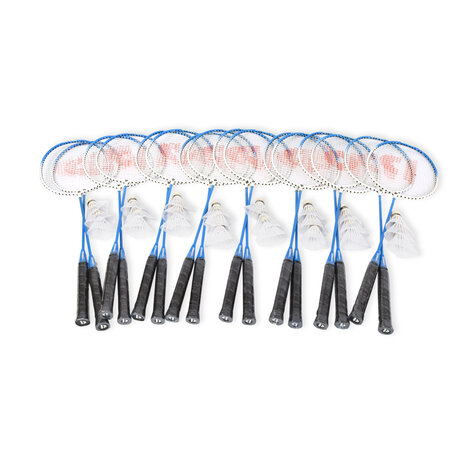 Discountershop Badminton Set for 16 Players – 8 Sets with 16 Blue Bioplastic Rackets, 24 Shuttlecocks and Carry Bags for Schools and Groups