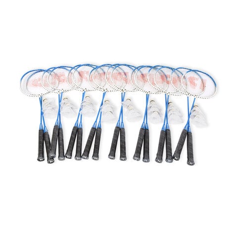 Discountershop Badmintonset voor 16 personen – 8 sets met 16 blauwe bioplastic rackets, 24 shuttles en draaghoezen voor school en groepen