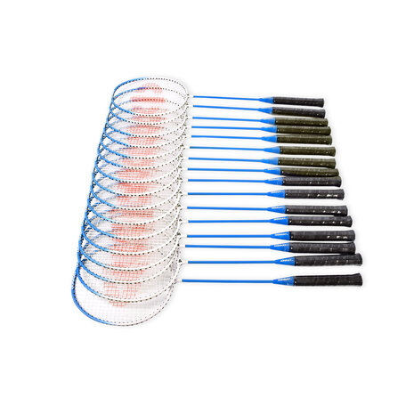 Discountershop Badminton Set for 16 Players – 8 Sets with 16 Blue Bioplastic Rackets, 24 Shuttlecocks and Carry Bags for Schools and Groups
