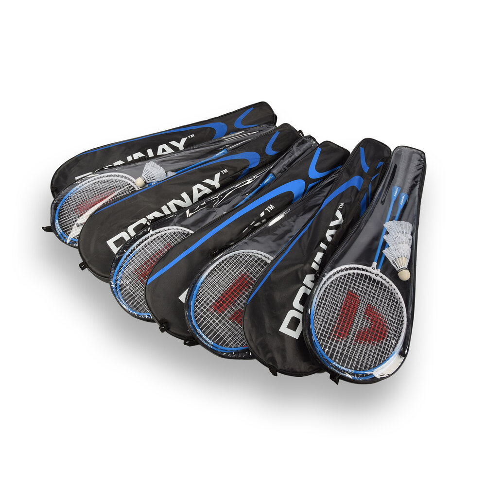Discountershop Badminton Set for 16 Players – 8 Sets with 16 Blue Bioplastic Rackets, 24 Shuttlecocks and Carry Bags for Schools and Groups
