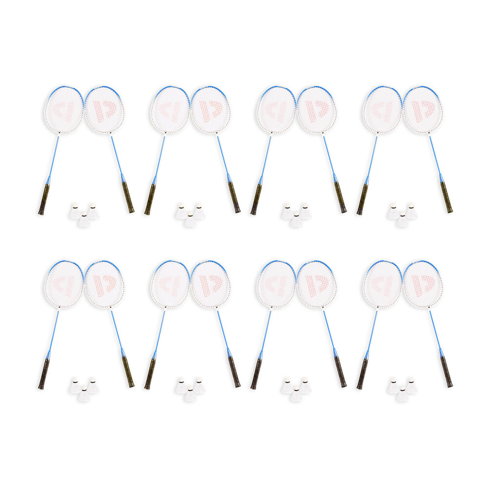 Discountershop Badminton Set for 16 Players – 8 Sets with 16 Blue Bioplastic Rackets, 24 Shuttlecocks and Carry Bags for Schools and Groups