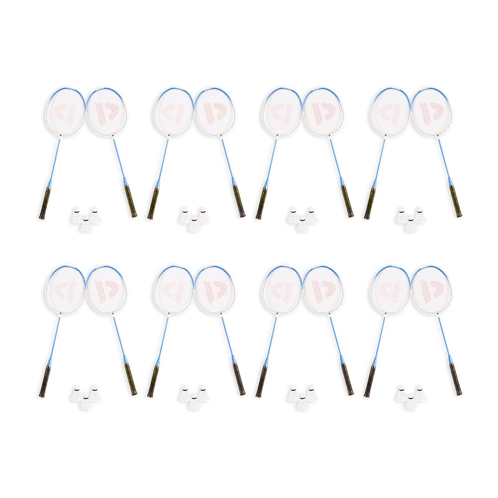 Discountershop Badmintonset voor 16 personen – 8 sets met 16 blauwe bioplastic rackets, 24 shuttles en draaghoezen voor school en groepen