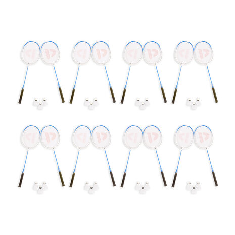 Discountershop Badminton Set for 16 Players – 8 Sets with 16 Blue Bioplastic Rackets, 24 Shuttlecocks and Carry Bags for Schools and Groups