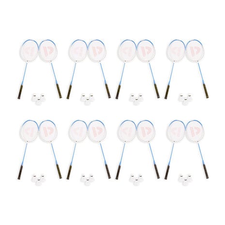 Discountershop Badmintonset voor 16 personen – 8 sets met 16 blauwe bioplastic rackets, 24 shuttles en draaghoezen voor school en groepen