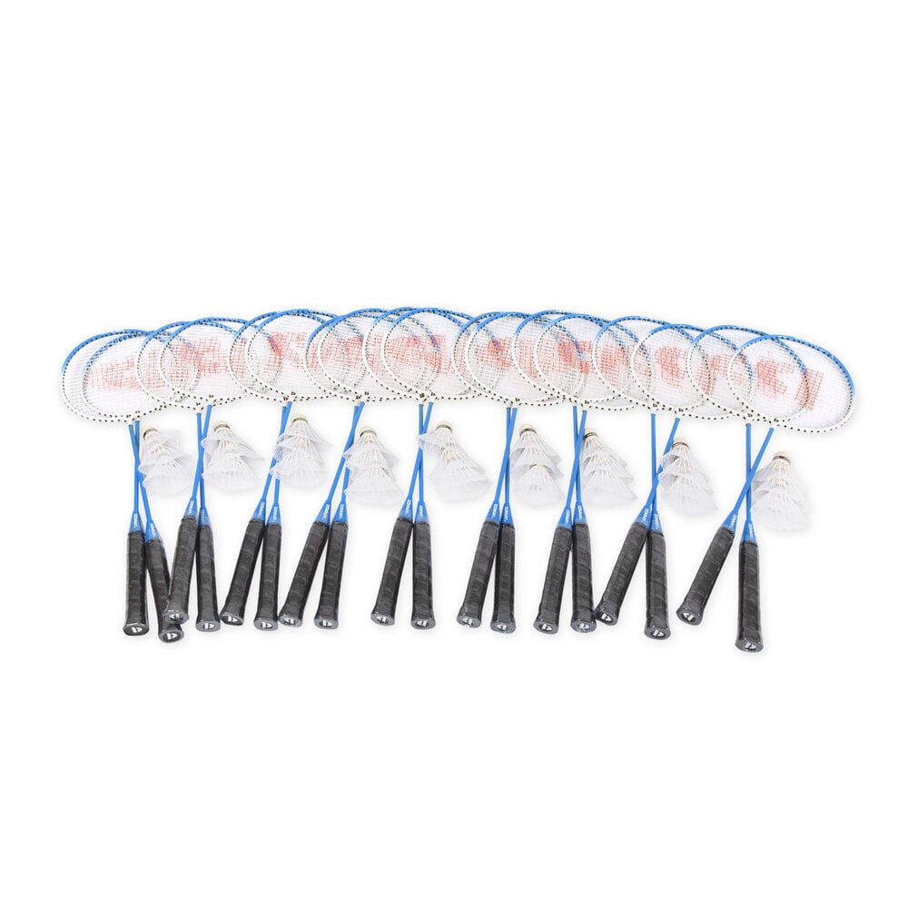 Discountershop Badminton Set for 18 Players – 9 Sets with 18 Blue Bioplastic Rackets, 27 Shuttlecocks and Carrying Covers for Group Activities