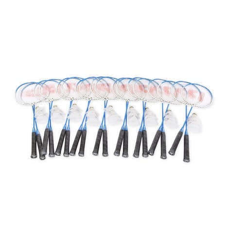 Discountershop Badminton Set for 18 Players – 9 Sets with 18 Blue Bioplastic Rackets, 27 Shuttlecocks and Carrying Covers for Group Activities