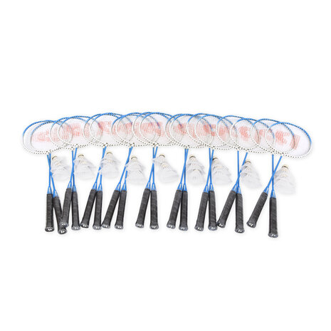 Discountershop Badmintonset voor 18 personen – 9 sets met 18 blauwe bioplastic rackets, 27 shuttles en draaghoezen voor school en evenementen