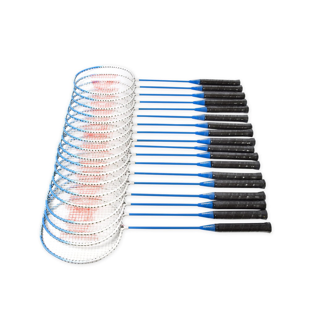 Discountershop Badminton Set for 18 Players – 9 Sets with 18 Blue Bioplastic Rackets, 27 Shuttlecocks and Carrying Covers for Group Activities