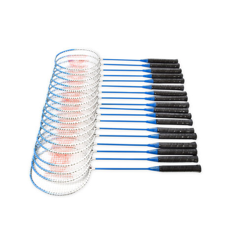 Discountershop Badmintonset voor 18 personen – 9 sets met 18 blauwe bioplastic rackets, 27 shuttles en draaghoezen voor school en evenementen