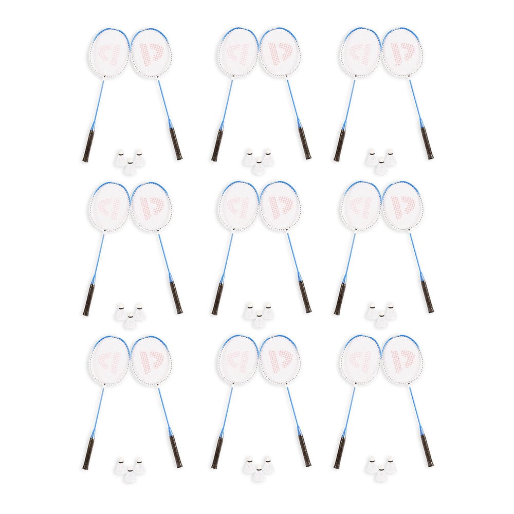 Discountershop Badminton Set for 18 Players – 9 Sets with 18 Blue Bioplastic Rackets, 27 Shuttlecocks and Carrying Covers for Group Activities