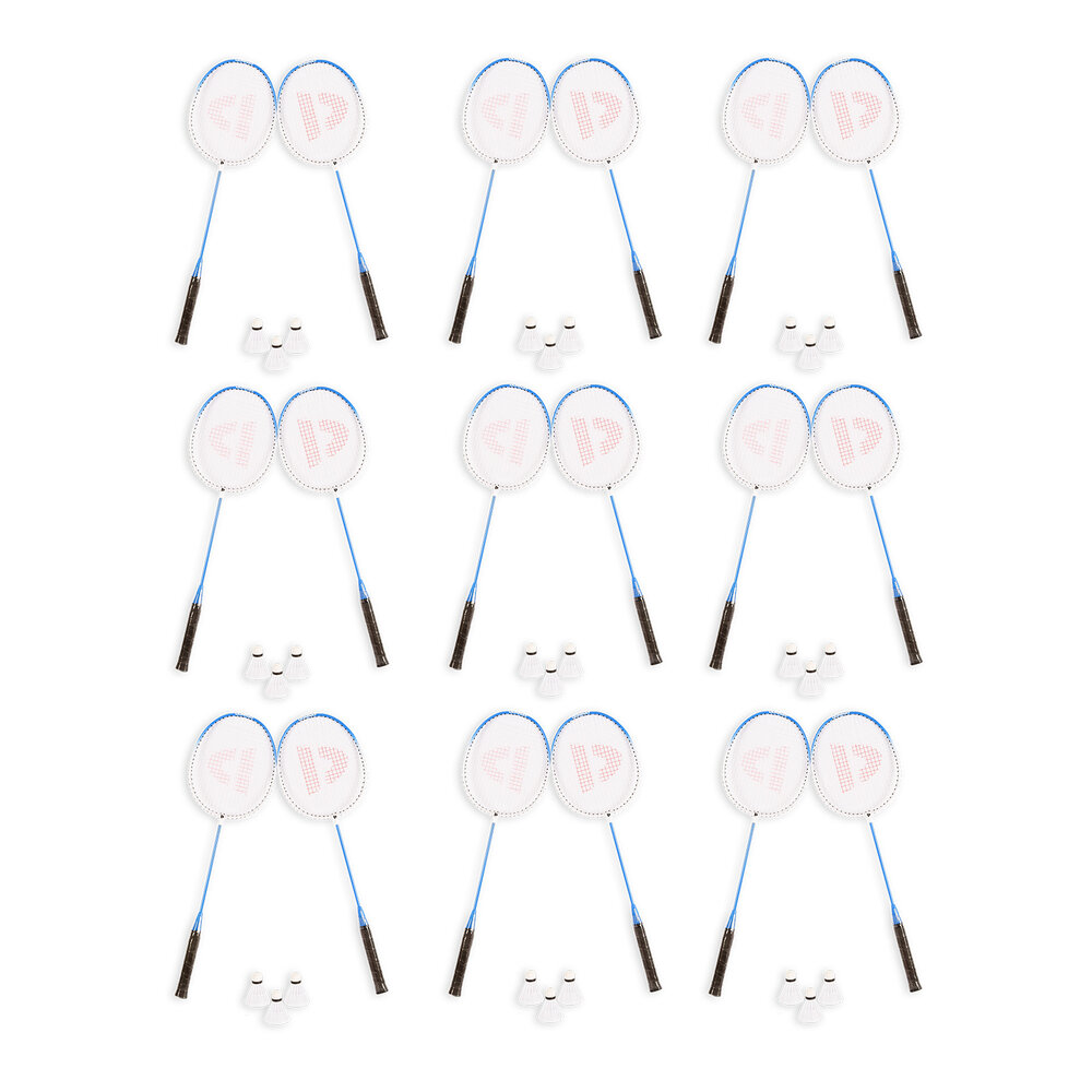 Discountershop Badmintonset voor 18 personen – 9 sets met 18 blauwe bioplastic rackets, 27 shuttles en draaghoezen voor school en evenementen