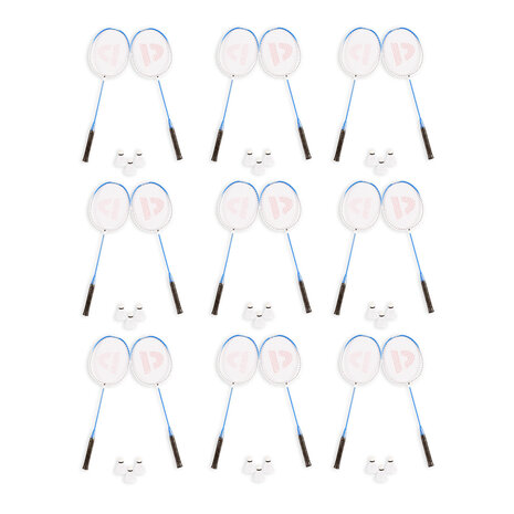 Discountershop Badmintonset voor 18 personen – 9 sets met 18 blauwe bioplastic rackets, 27 shuttles en draaghoezen voor school en evenementen