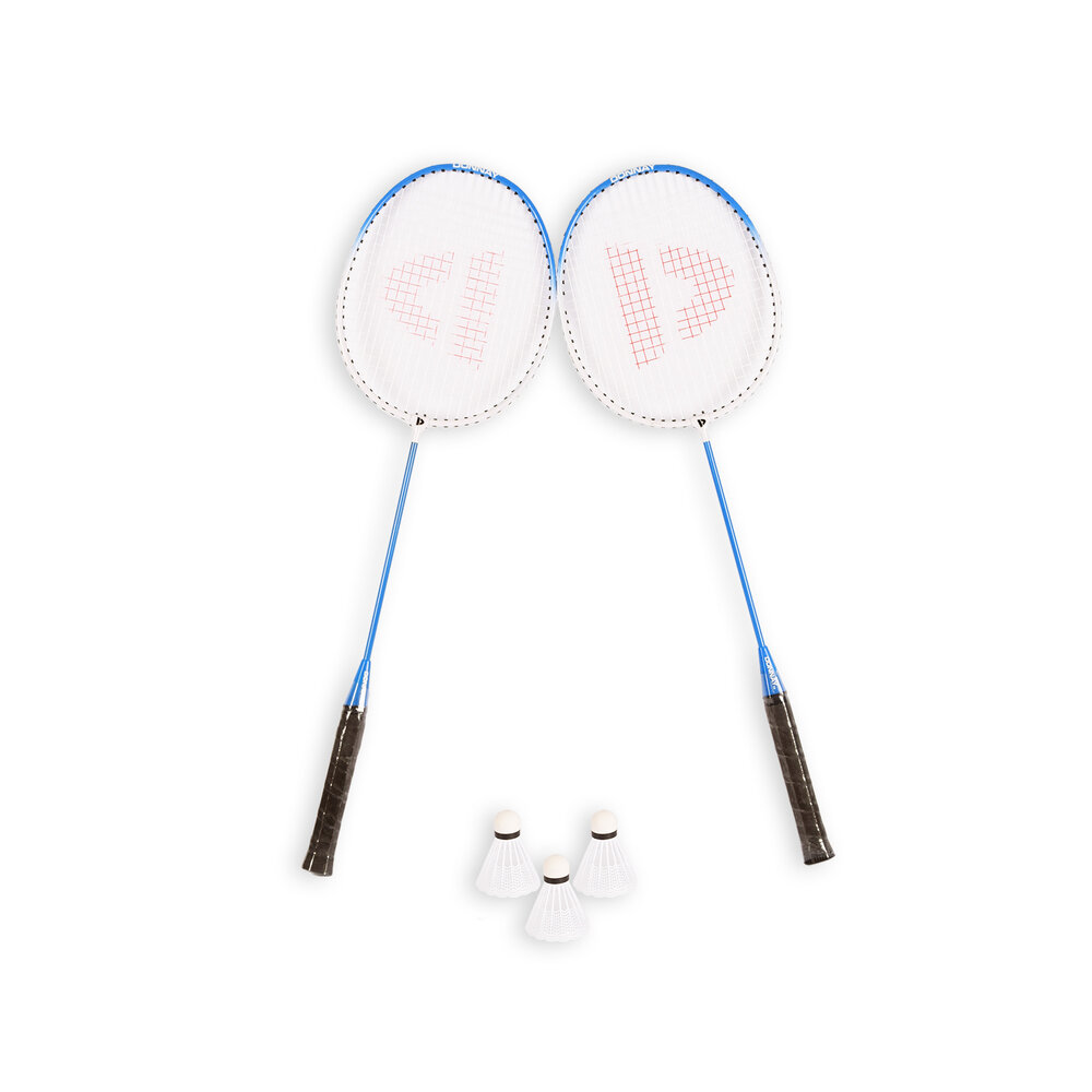 Discountershop Badmintonset voor 18 personen – 9 sets met 18 blauwe bioplastic rackets, 27 shuttles en draaghoezen voor school en evenementen