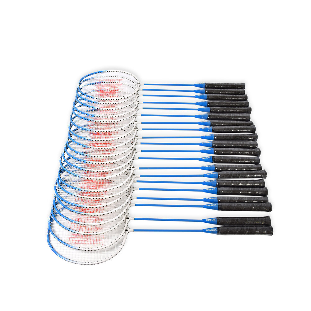 Discountershop Badmintonset voor 20 personen – 10 sets met 20 blauwe bioplastic rackets, 30 shuttles en draaghoezen voor school en evenementen Discountershop Badmintonset voor 20 personen – 10 sets met 20 blauwe bioplastic rackets, 30 shuttles en draaghoezen voor school en evenementen