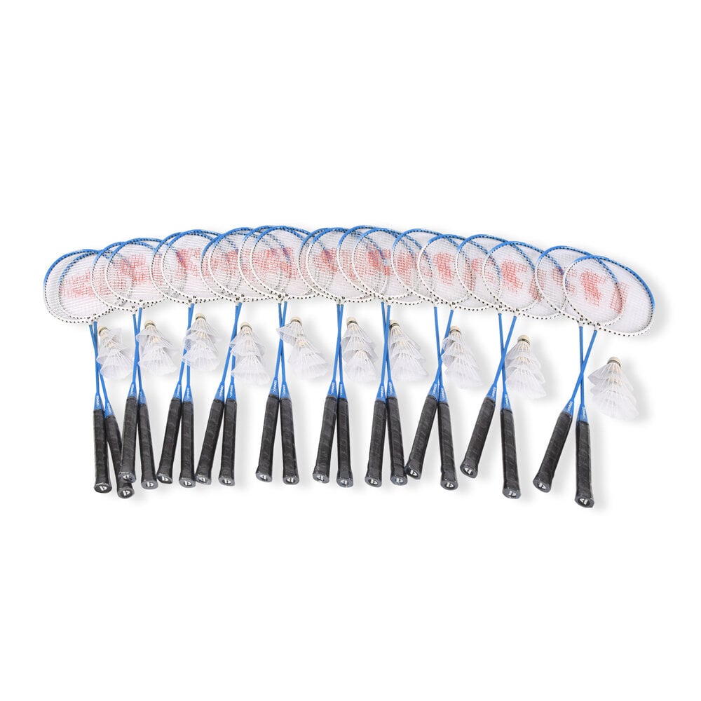 Discountershop Badminton Set for 20 Players – 10 Sets with 20 Blue Bioplastic Rackets, 30 Shuttlecocks and Carrying Covers for Schools and Events