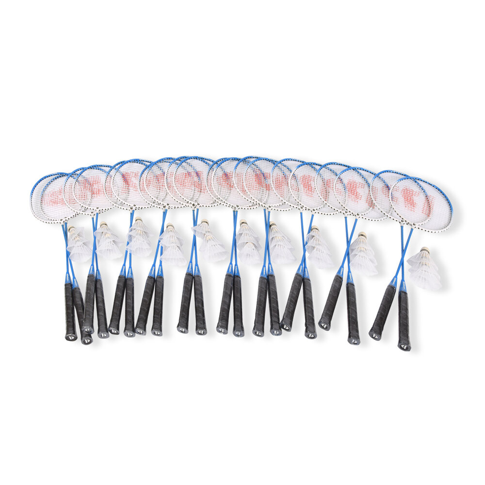 Discountershop Badmintonset voor 20 personen – 10 sets met 20 blauwe bioplastic rackets, 30 shuttles en draaghoezen voor school en evenementen Discountershop Badmintonset voor 20 personen – 10 sets met 20 blauwe bioplastic rackets, 30 shuttles en draaghoezen voor school en evenementen