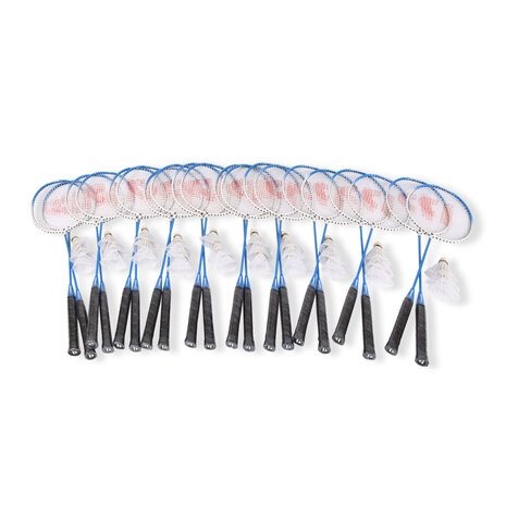 Discountershop Badmintonset voor 20 personen – 10 sets met 20 blauwe bioplastic rackets, 30 shuttles en draaghoezen voor school en evenementen Discountershop Badmintonset voor 20 personen – 10 sets met 20 blauwe bioplastic rackets, 30 shuttles en draaghoezen voor school en evenementen