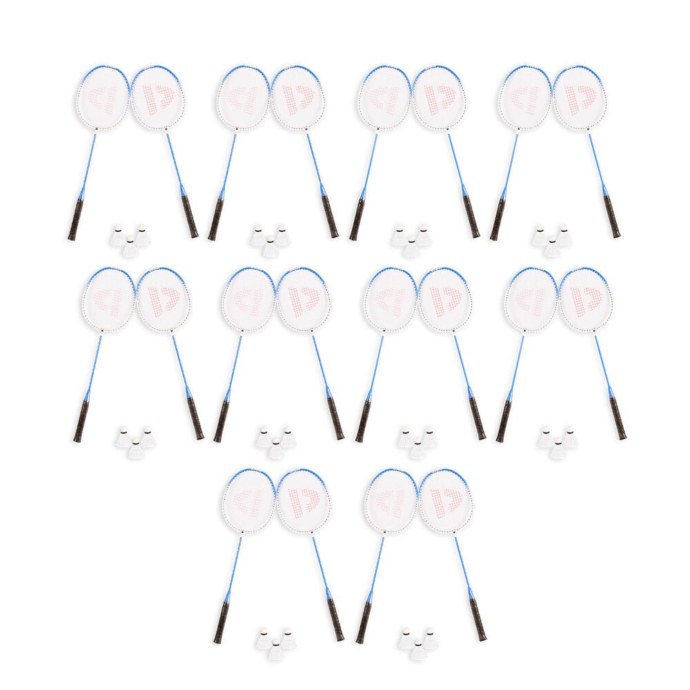 Discountershop Badminton Set for 20 Players – 10 Sets with 20 Blue Bioplastic Rackets, 30 Shuttlecocks and Carrying Covers for Schools and Events