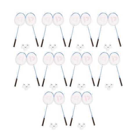 Discountershop Badminton Set for 20 Players – 10 Sets with 20 Blue Bioplastic Rackets, 30 Shuttlecocks and Carrying Covers for Schools and Events