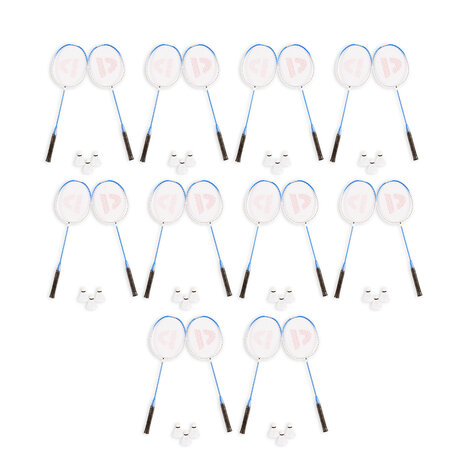 Discountershop Badmintonset voor 20 personen – 10 sets met 20 blauwe bioplastic rackets, 30 shuttles en draaghoezen voor school en evenementen Discountershop Badmintonset voor 20 personen – 10 sets met 20 blauwe bioplastic rackets, 30 shuttles en draaghoezen voor school en evenementen