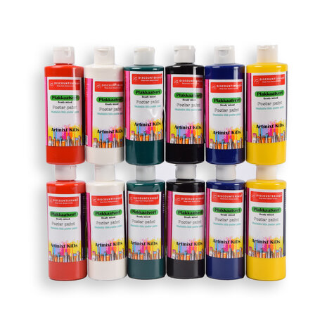 Discountershop 12 stuks x 250ml | Plakkaatverf | Knutselverf | voor kinderen | 98% natuurlijke ingrediënten | 16cm*5cm Discountershop 12 stuks x 250ml | Plakkaatverf | Knutselverf | voor kinderen | 98% natuurlijke ingrediënten | 16cm*5cm