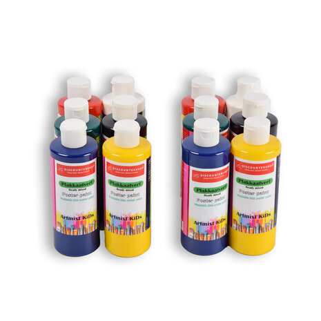Discountershop 12 stuks x 250ml | Plakkaatverf | Knutselverf | voor kinderen | 98% natuurlijke ingrediënten | 16cm*5cm Discountershop 12 stuks x 250ml | Plakkaatverf | Knutselverf | voor kinderen | 98% natuurlijke ingrediënten | 16cm*5cm