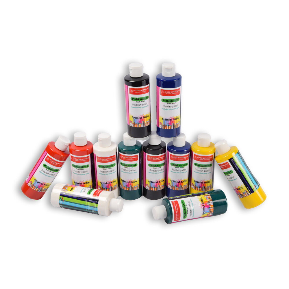 Discountershop 12 stuks x 250ml | Plakkaatverf | Knutselverf | voor kinderen | 98% natuurlijke ingrediënten | 16cm*5cm Discountershop 12 stuks x 250ml | Plakkaatverf | Knutselverf | voor kinderen | 98% natuurlijke ingrediënten | 16cm*5cm