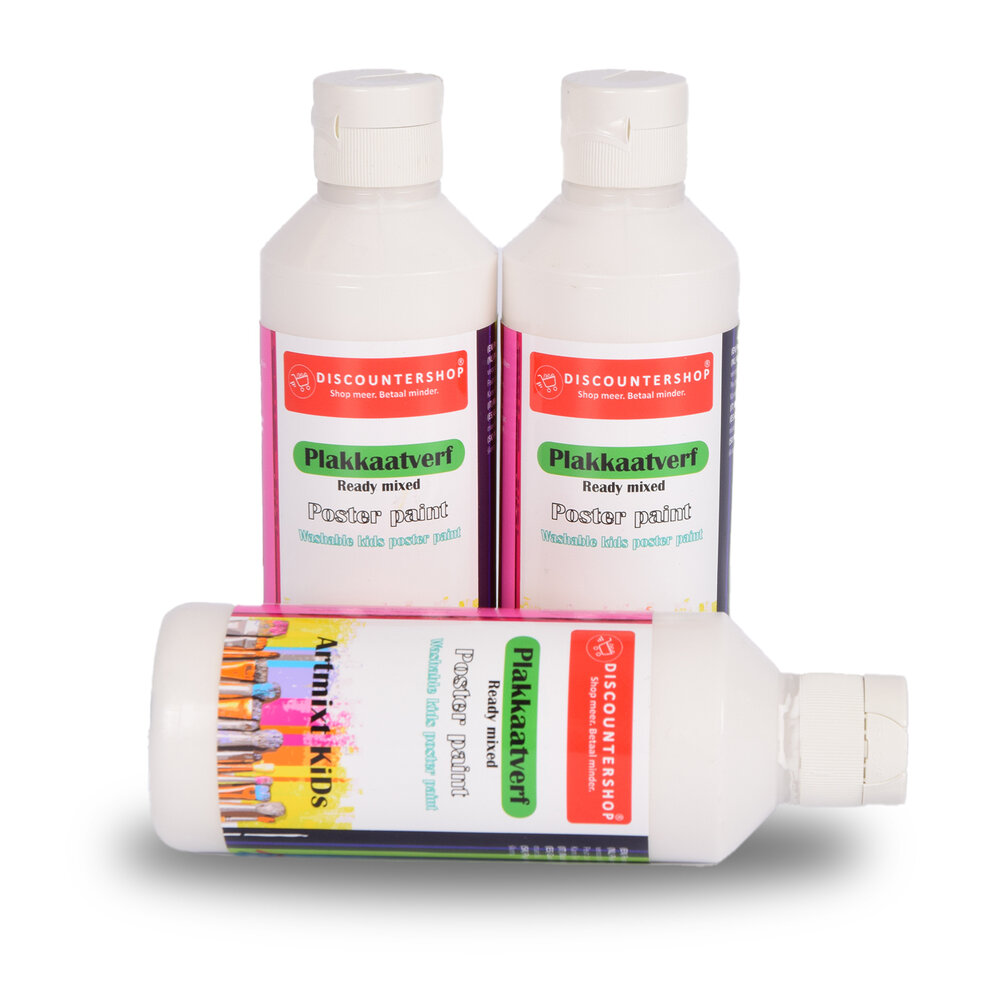 Discountershop White Poster Paint Set of 3 | Water-Based Paint with Opaque Consistency | 5cm Width | 16cm Height | Artist Paint with Dosing Opening