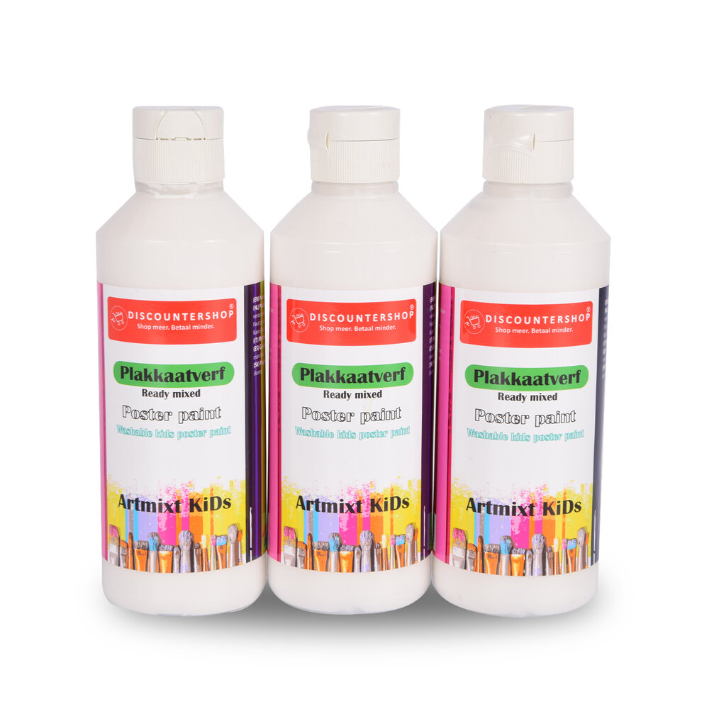 Discountershop White Poster Paint Set of 3 | Water-Based Paint with Opaque Consistency | 5cm Width | 16cm Height | Artist Paint with Dosing Opening