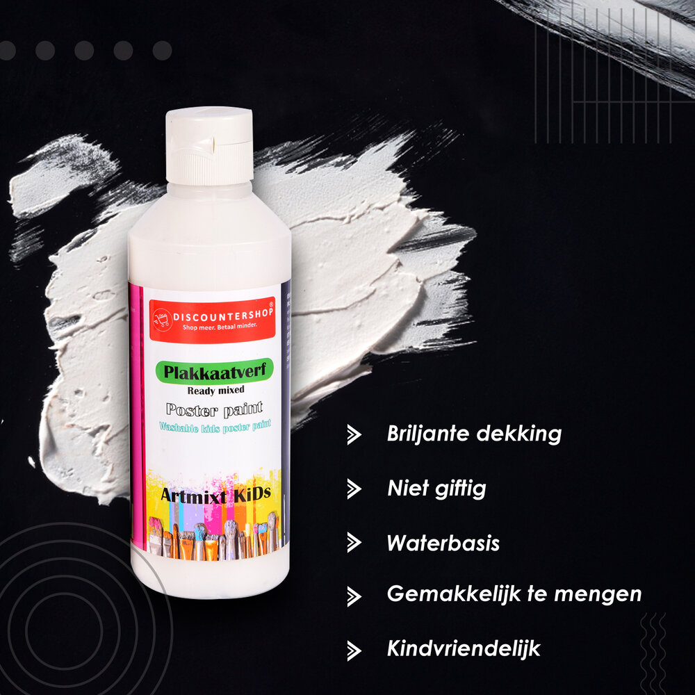 Discountershop White Poster Paint Set 4x | Water-Based | Opaque Consistency | 5x16cm | Each Set 250 ml | Suitable for Various Surfaces | Ideal for Craft Activities and School Projects Discountershop White Poster Paint Set 4x | Water-Based | Opaque Consistency | 5x16cm | Each Set 250 ml | Suitable for Various Surfaces | Ideal for Craft Activities and School Projects